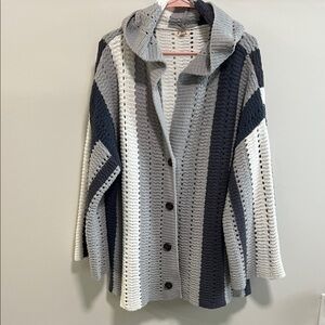 POL Colorblock Cable Knit Cardigan in Navy, Gray and White